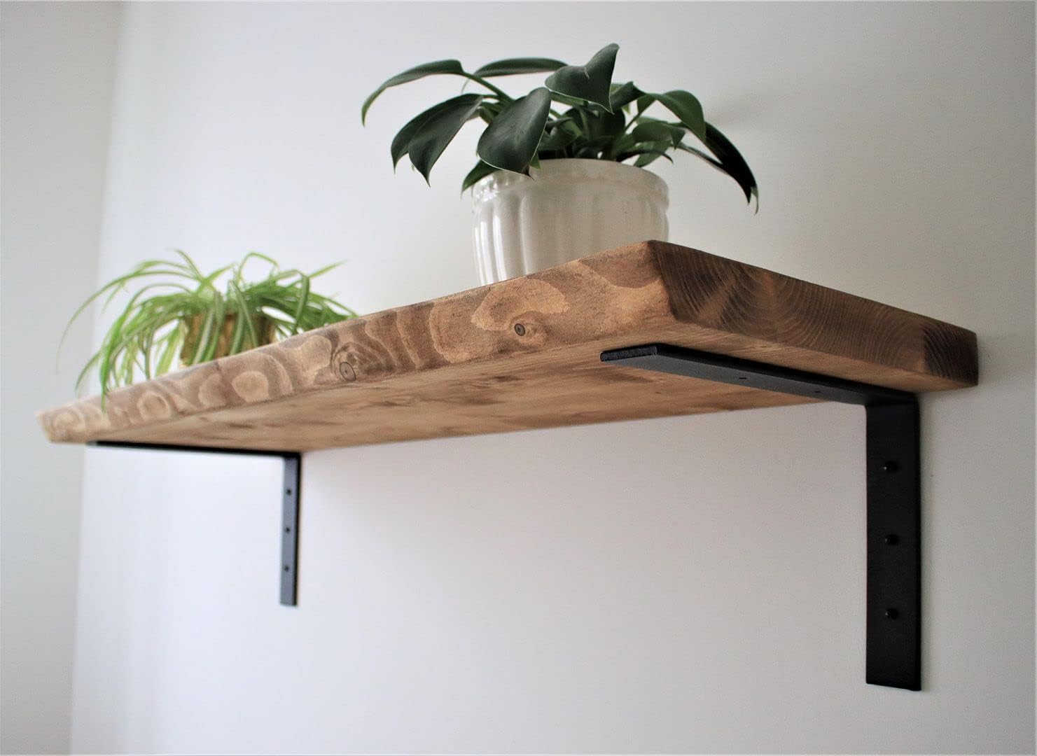 Live Edge Rustic Floating Shelf 12x1.5 inches, 180cm long with Flat Industrial Down Style Bracket - Antique Pine Finish Reclaimed Wood Floating Shelves for Wall, Rustic Wooden Shelves for Bedroom