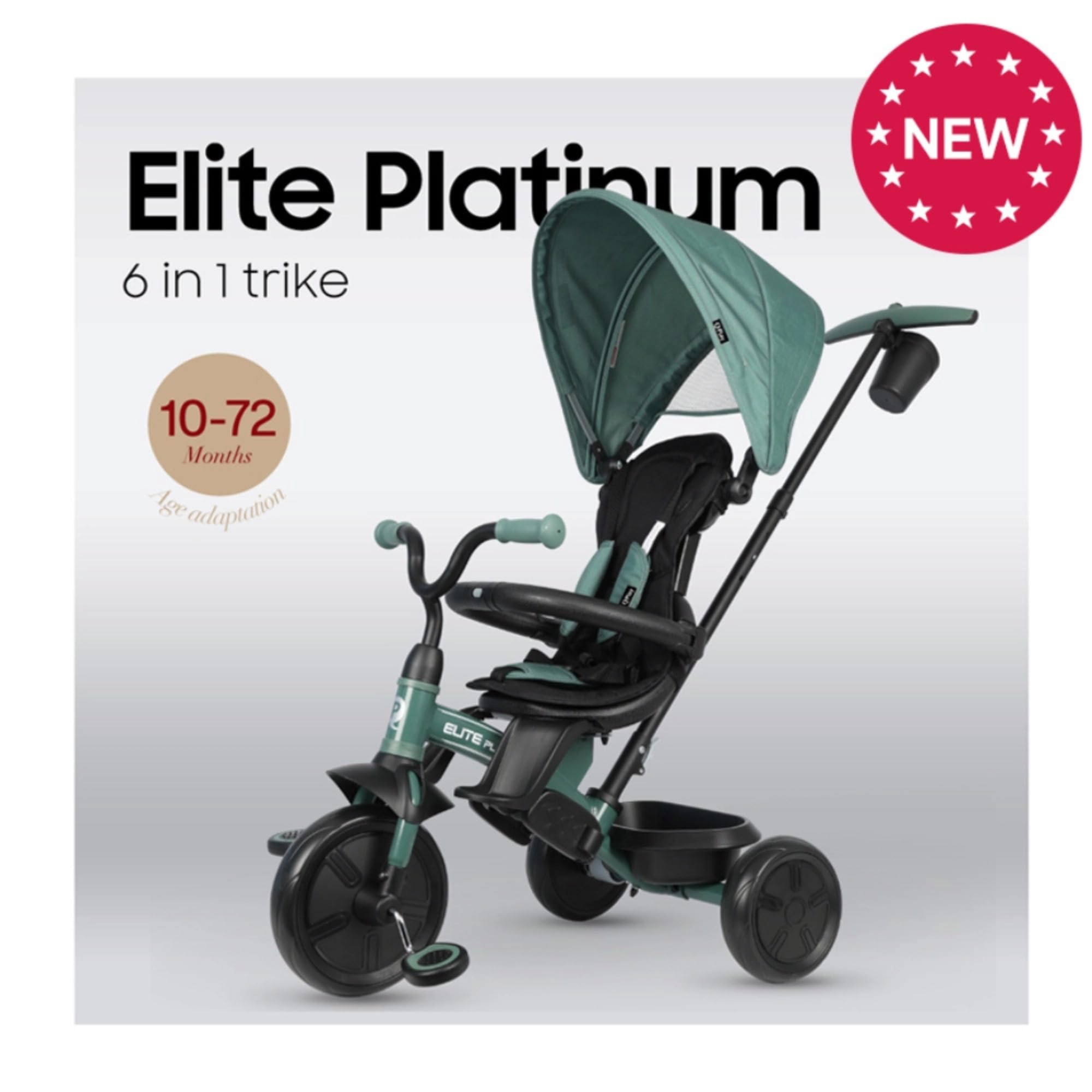 Qplay Triciclo Evolutivo Elite Platinum 6 en 1 con Asiento Giratorio 360° | Para Niños de 10 a 36 Meses – Control Parental, Capota XL, Reposapiés y Chasis Metálico – Colores Gris, Verde y Rosa (Verde)
