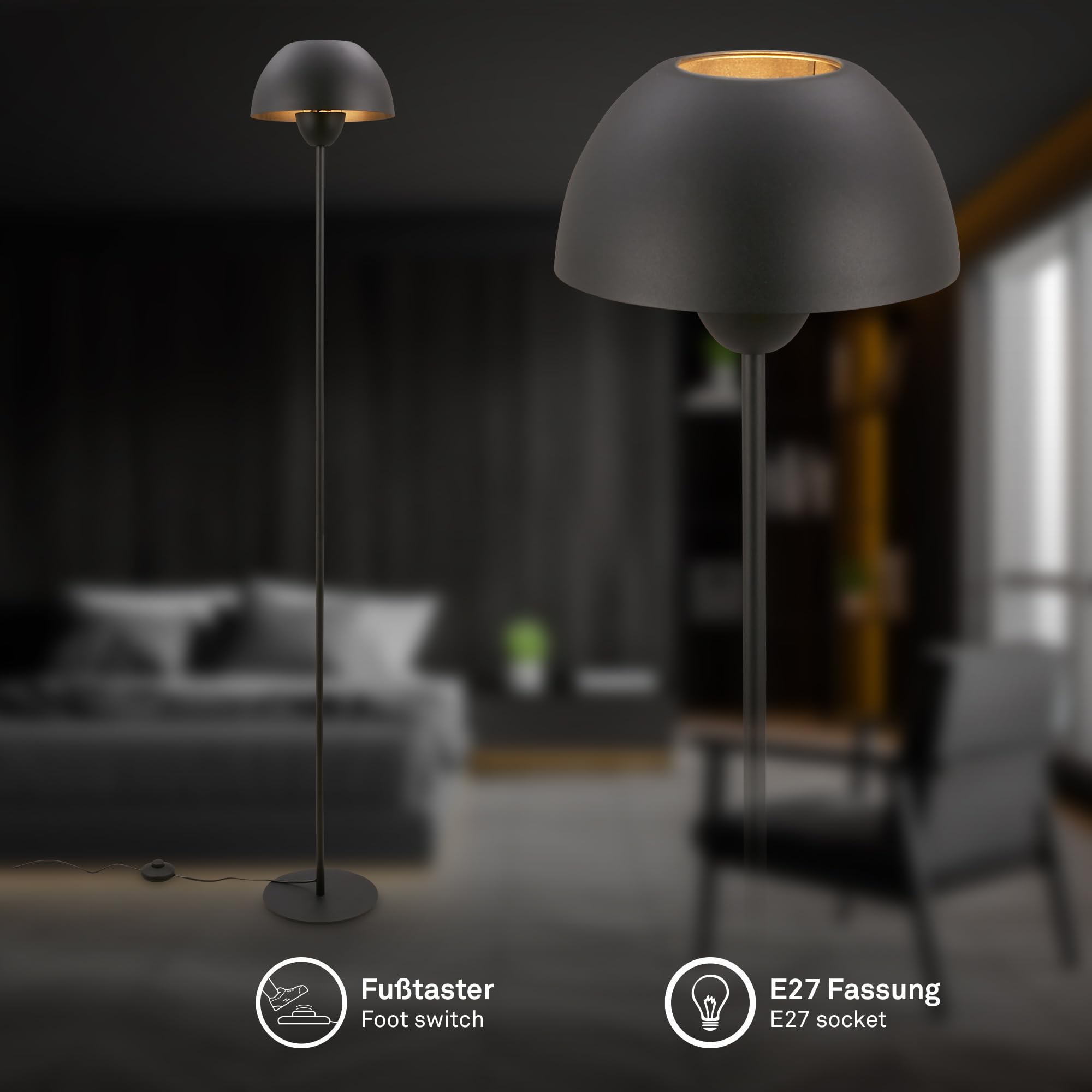 BRILONER - Lampada da terra con interruttore a pedale, attacco E27, max. 10W, piantana lampada da terra, lampada da terra salotto, lampada soggiorno da terra, 25 x 156,5 cm, nero