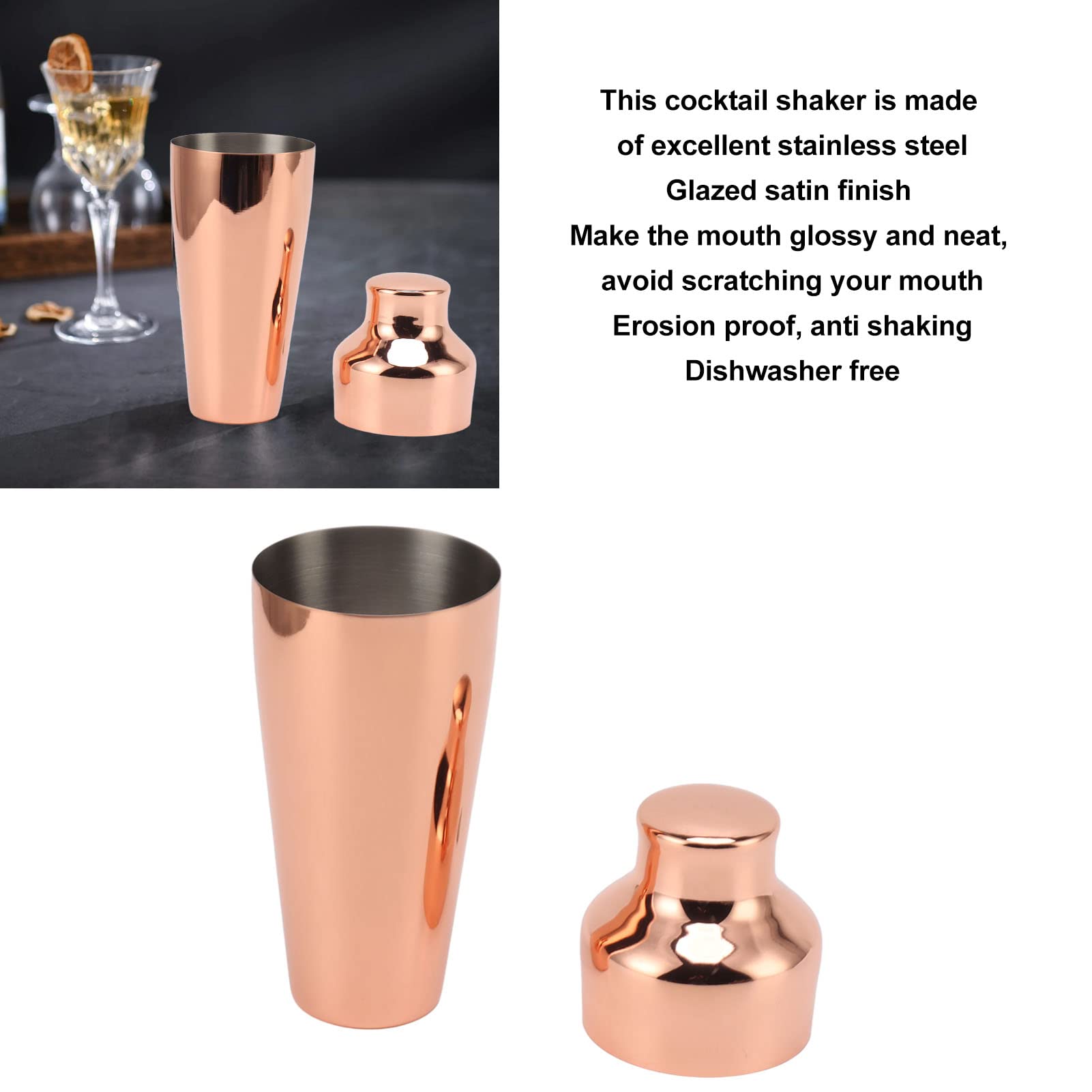 Stainless Steel Cocktail Shaker French Bartender Shaker for Mixed Drinks (Rose Gold)