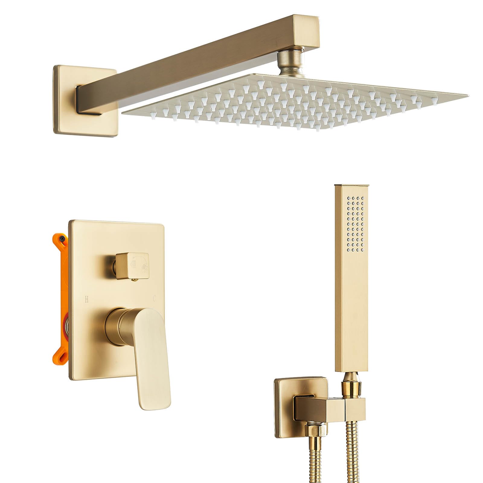 Doccia a Incasso Doccia Sistema con Valvola Montaggio a Parete Soffione Doccia a Pioggia Quadrato da 20cm,Doccetta,Rubinetto Vasca Da Bagno,Oro Spazzolato