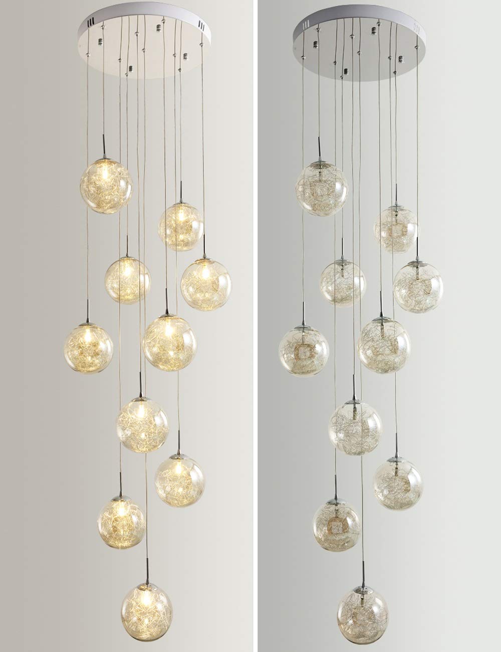 Lampadario a Sospensione Duplex per Scale, con 10 Sfere Cave in Vetro per Soggiorno, Girevole, 40x200 cm, lampadine Incluse.