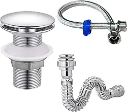 Kit Banheiro Cromado Válvula Click 7/8 Metal + Sifão Sanfonado Metalizado PVC + Engate Trançado Inox 40cm Prateado Completo Cuba Lavabo