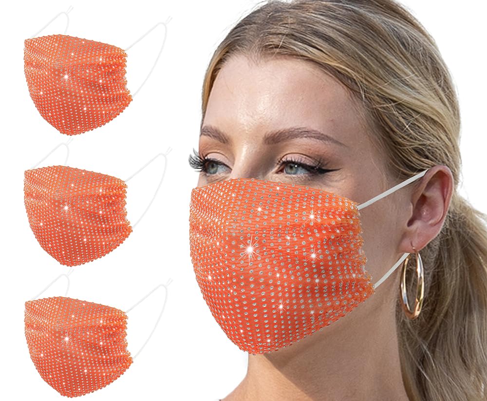3 Pcs Orange Halloween Decorations Party Decor Costume Woman Custumes Adult Masks Glitter Christmas Womens Bling Sparkly Masks Female Face Covering Mesh Crystal Rhinestone Party Sequin Face Mask