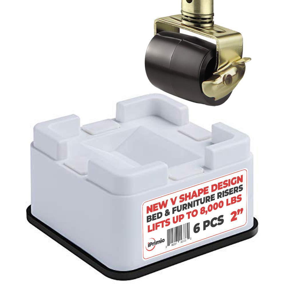 iPrimio V Shape White Square Bed & Furniture Riser – 6 Pack 2 Inch Lift and Supports Upto 8,000 Pounds – Anti Slip Grip to Castor Wheels - for Couch, Desk, Tables, Chairs- Protect Floors, Surfaces