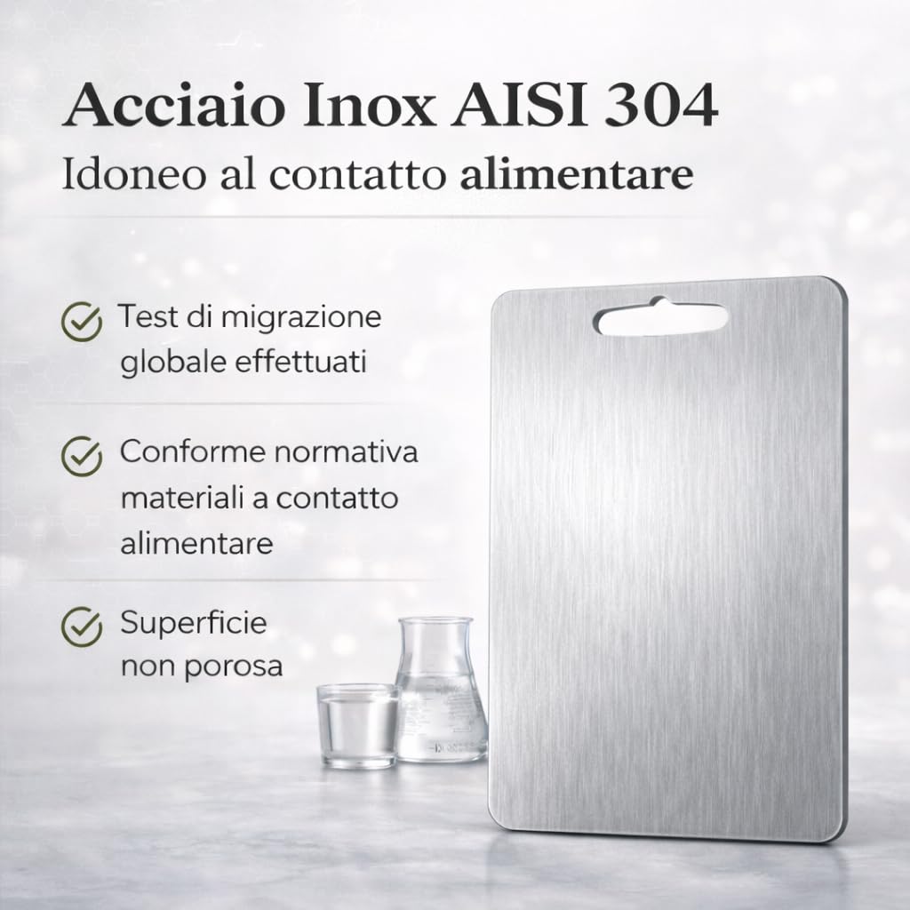 Tagliere in Acciaio Inox Alimentare 304 Per Cucina, Tagliere acciaio inox Certificato Igienico e Antibatterico, Superficie Alimentare Facile da Pulire, Resistente e Antiodore, 23X34