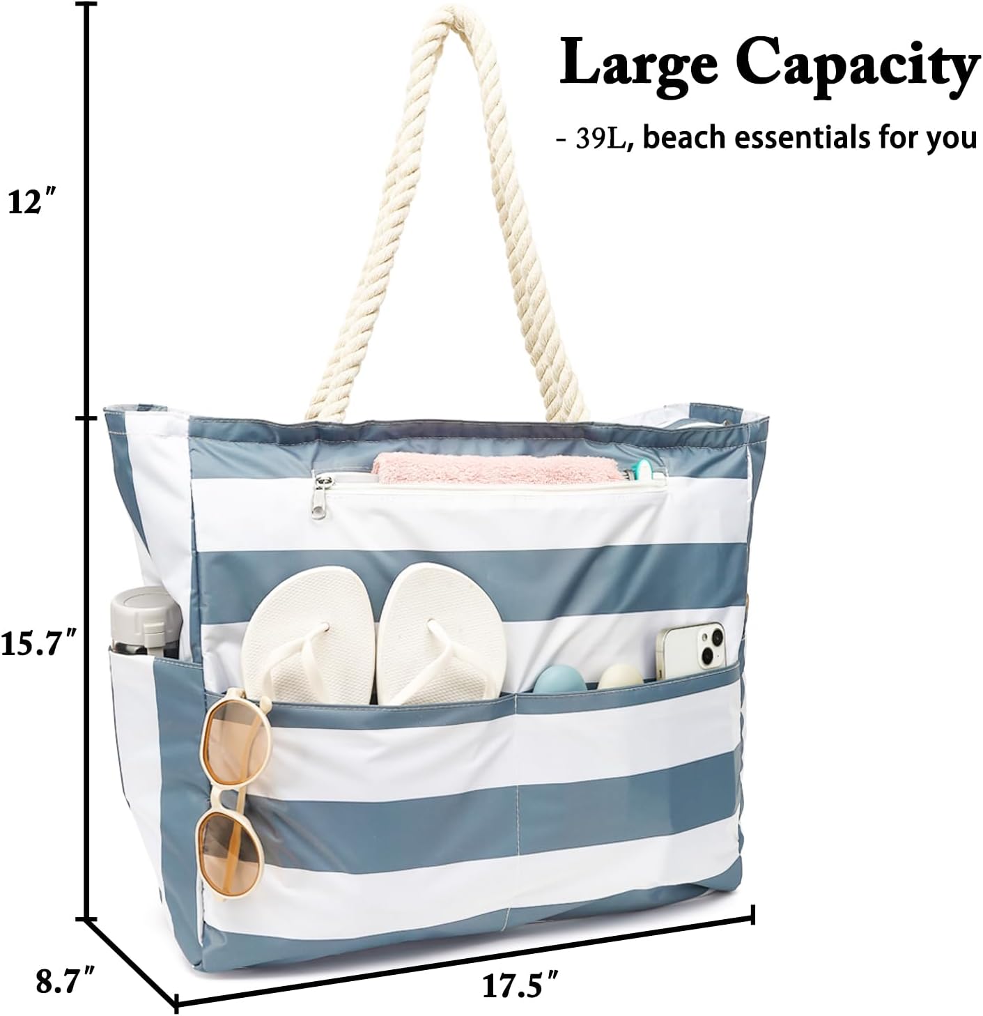Large Canvas Beach Bag for Women, Beach Bags Waterproof Sandproof with Zipper & Wet Bag Cruise Essentials - Image 8