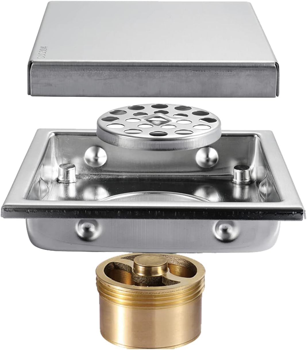 浴室タイル 見えない床排水溝 つや消しモダンシャワー 正方形 排水溝カバー ヘアシャワーキャッチャー クリーンストレーナー、ステンレ