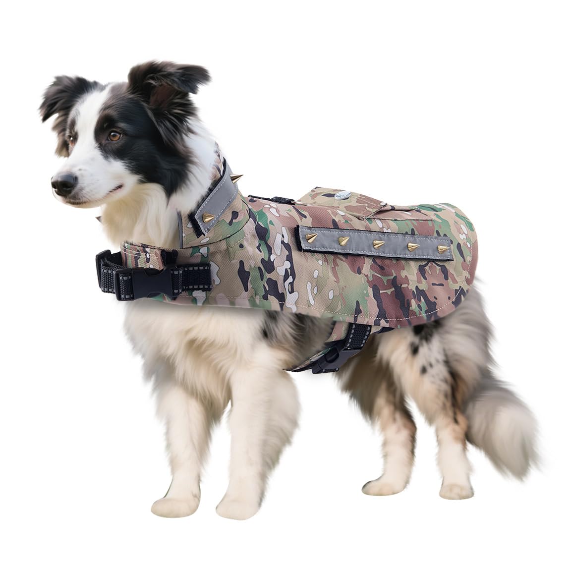 MeiAOBest Dog Anti Bite Vest Jacket,Reflective Adjustable Dog Thick Padding Anti-Attack Rivet Nail Suit with D-Ring for Puppy Small Medium Dogs_S(Green Camouflage)
