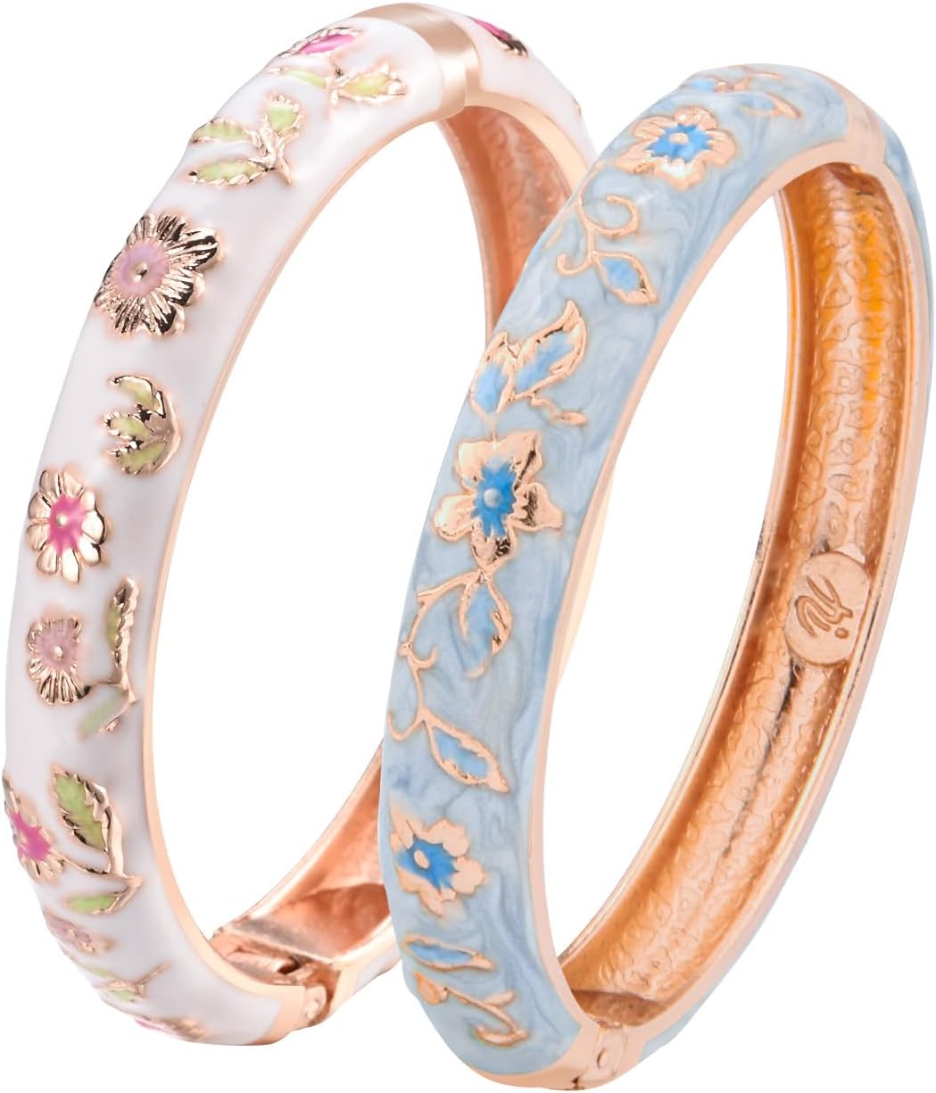 UJOY Vintage Cloisonne Bracelets Cuff Metal Bangles Indian Flower Pink Enameled Jewelry Box for Women