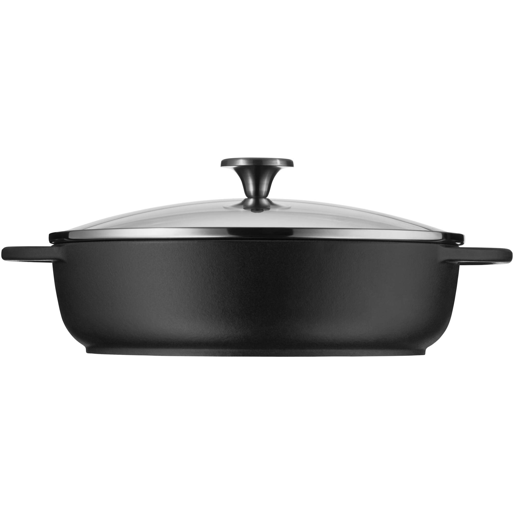 WMF 28 cm indukcyjna patelnia do duszenia, patelnia rolnicza ze szklaną pokrywką, żeliwo emaliowane, wysoka obręcz, żaroodporna, czarna