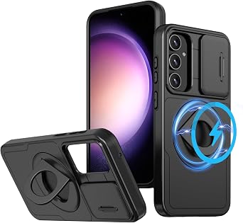 Case for Samsung Galaxy S23 FE, Slide Camera Lens Cover Causal Shockproof Bumper Protective Cover with Built-in Magnetic 360 Ring Kickstand Case-Black