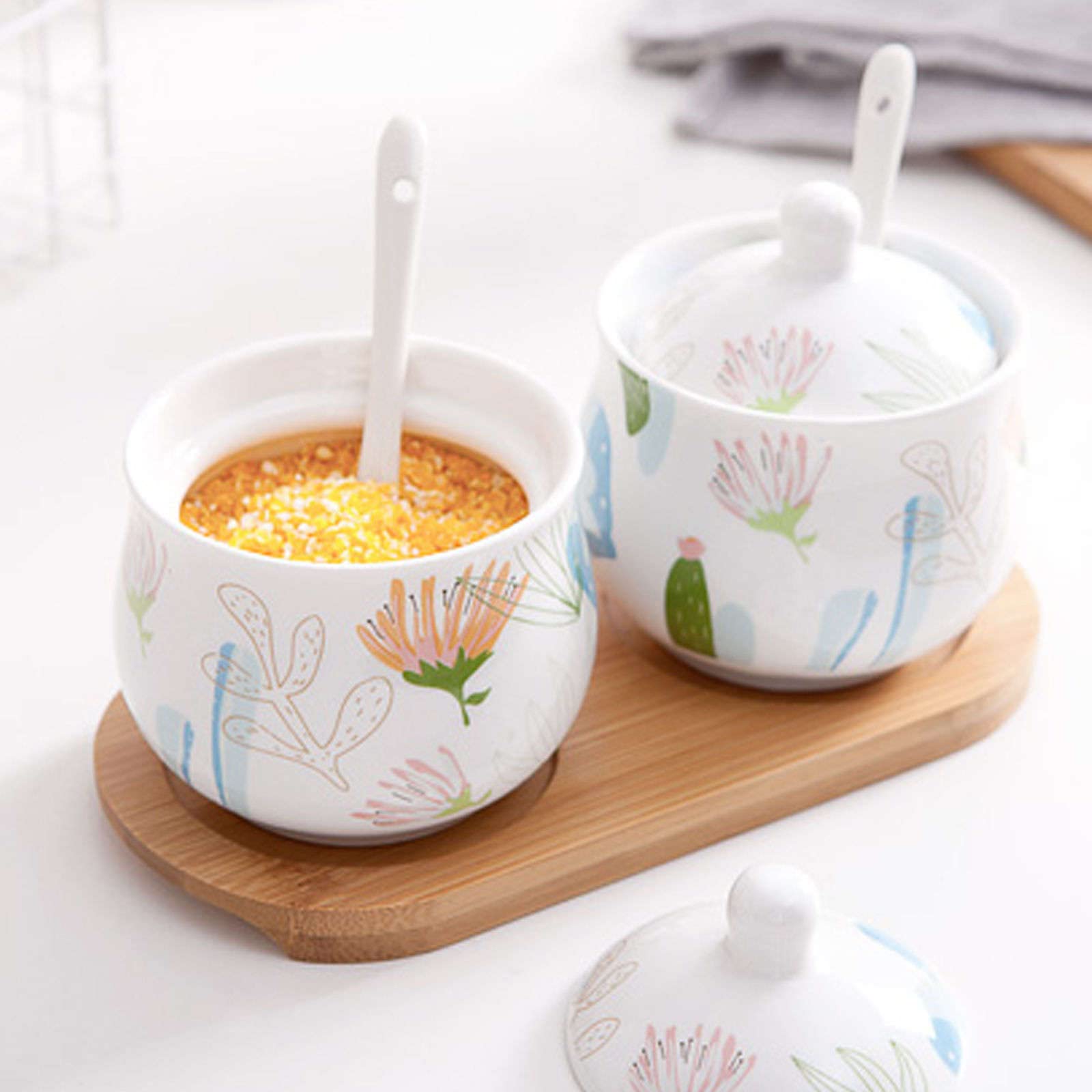 Lot de 3 petits sucriers avec couvercle et cuillère - Boîtes de rangement en céramique pour farine et assaisonnement de sucre - Boîtes blanches pour comptoir de cuisine - 1-1