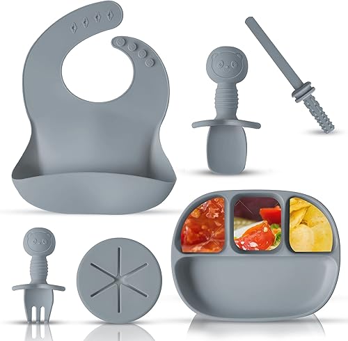 Miniatura 7 de Feedbaie - Juego de alimentación de silicona para bebés, incluye 2 baberos de silicona, plato cuadrado, taza 2 en 1, tazón de alimentación, cuchara
