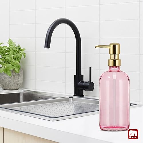Miniatura 5 de GMISUN Dispensador de jabón rosa para baño, 1 paquete de dispensadores de jabón para platos de vidrio para cocina con bomba dorada de plástico