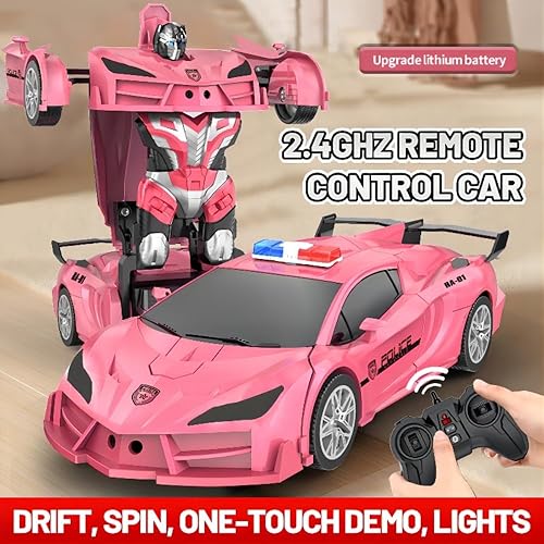 Miniatura 4 de Auto a control remoto  Transforma los coches robot a control remoto, deformación de un botón y deriva de rotación de 360, autos RC rosa para niñas