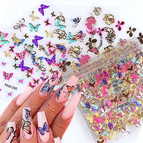 30pcs Colorful Butterfly Nail Stickers - 3D Self-Adhesive Decals with Gold Nail Art Designs - Supplies for Women & Girls