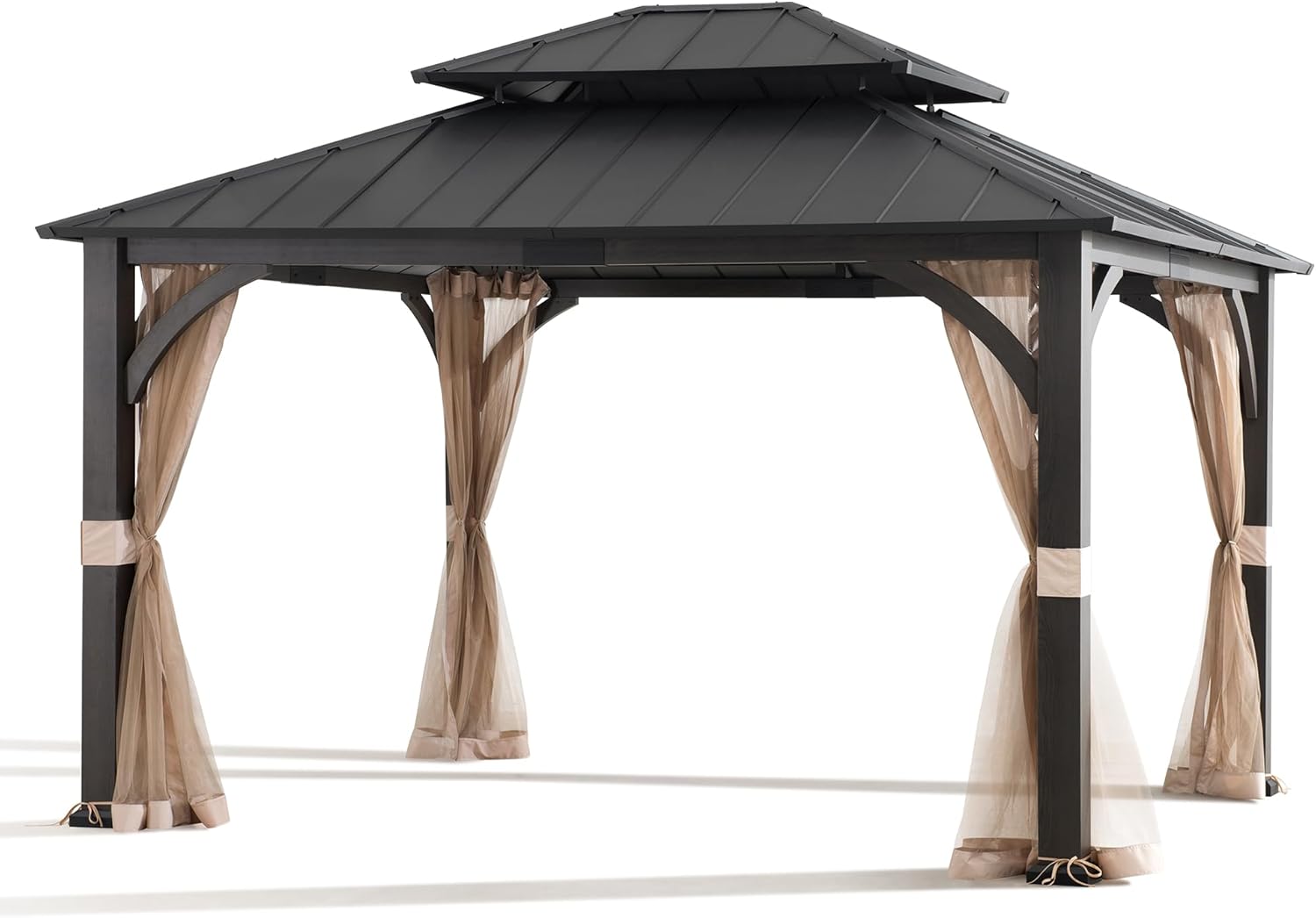 Sunjoy Hardtop Gazebo 13 x 15 ft. Outdoor Patio Steel Frame Gazebo with 2-Tier Metal Roof and Mesh Netting