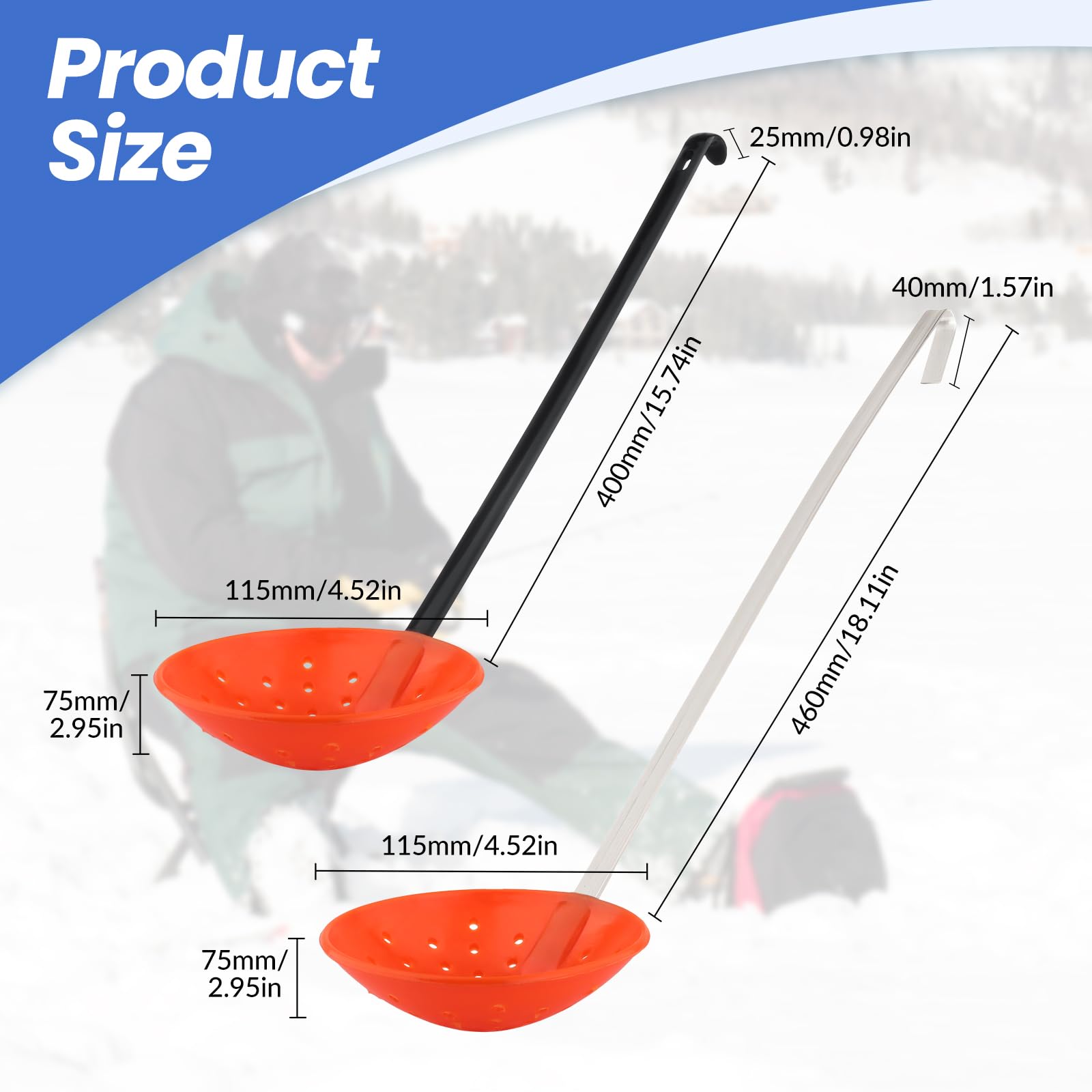 jojomis Ice Fishing Scoop Skimmer with Aluminum Handle, Lightweight Portable Scooper for Ice Fishing Accessories, Slush Scoop for Winter Fishing Gear
