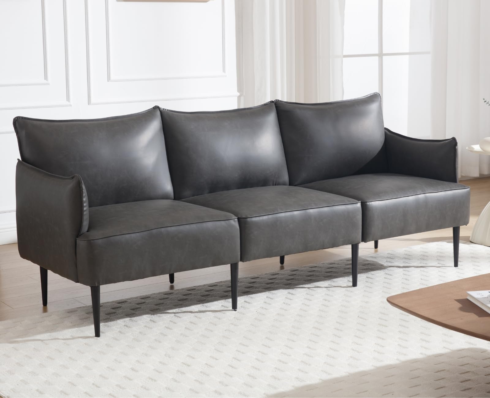 Wahson Sofá 3 Plazas de PU Cuero Moderno Sofá de Salón Minimalista,Sofá Chaise Longue con Patas Metálicas Sofá Cómodo para Hogar/Apartamento/Hotel,Gris Oscuro
