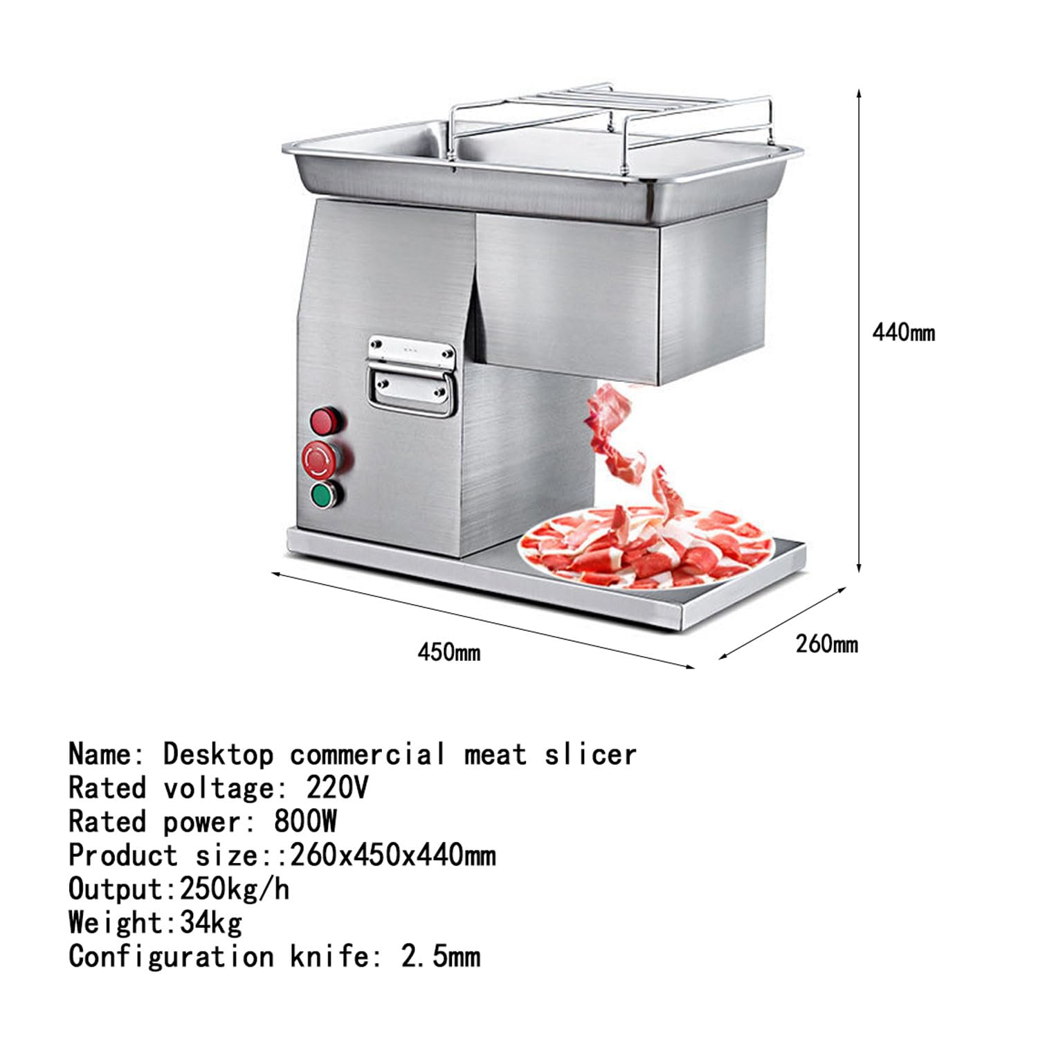 Kommerzieller 800-W-Fleischschneider, 250 Kg/h Elektrischer Desktop-Fleischschneider Aus Edelstahl Mit 2,5-mm-Klinge, Multifunktionale Schneideausrüstung Für Rindfleisch, Fisch, Schweinefleisch