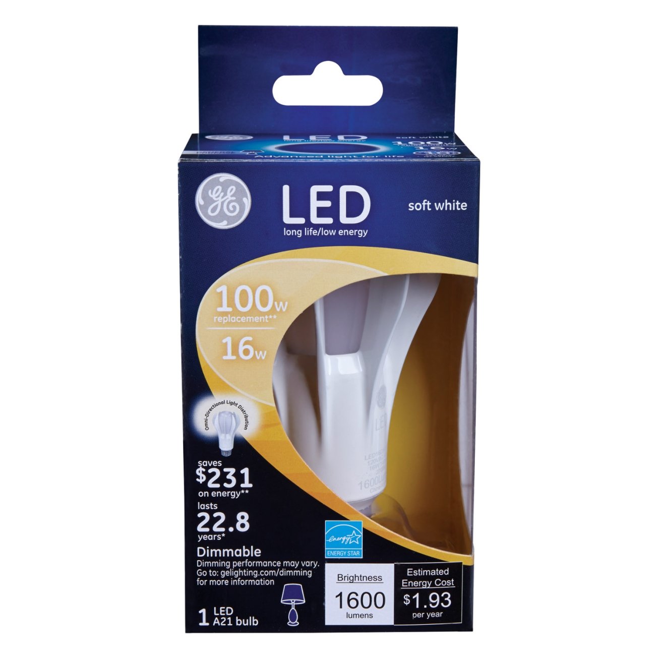 GE Lighting 13909 Energy-Smart LED 16-watt, 1600-Lumen A21 Bulb with Medium Base, Soft White, 1-Pack
