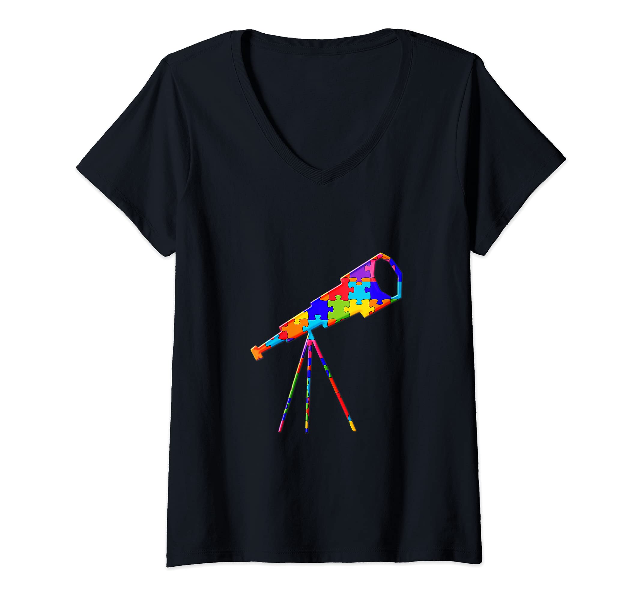 Womens Telescope Astronomer Science Jigsaw Autism Puzzle V-Neck T-Shirt