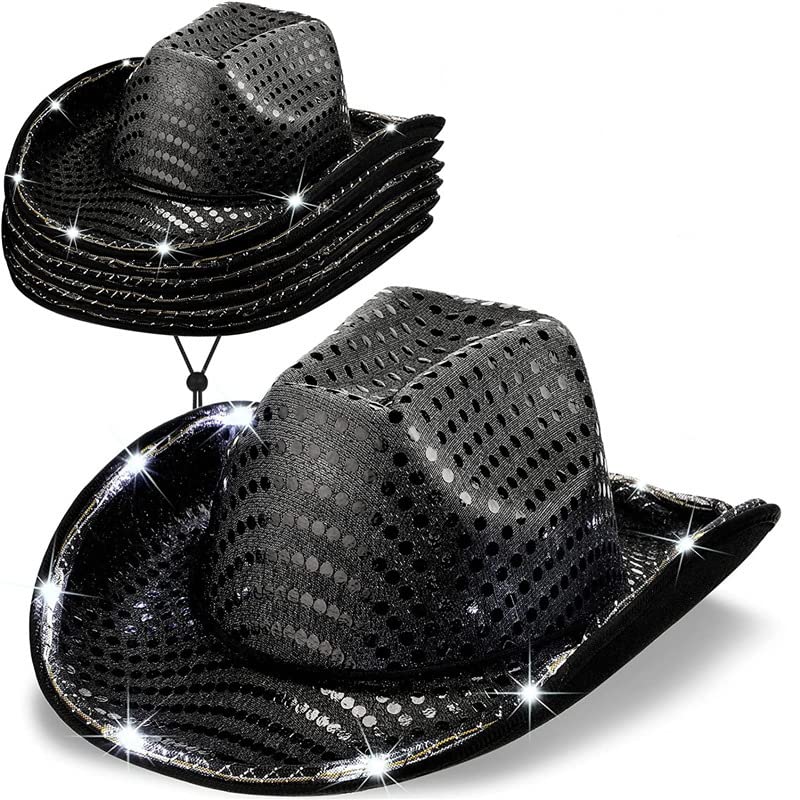 LED Lights Cowboy Hat LED Flashing Cap Hat Xmas Christmas Party Celebration Party Cosplay Western Cowboy Cowgirl Hats Festival Gift Foldable Wide Brim Caps Black