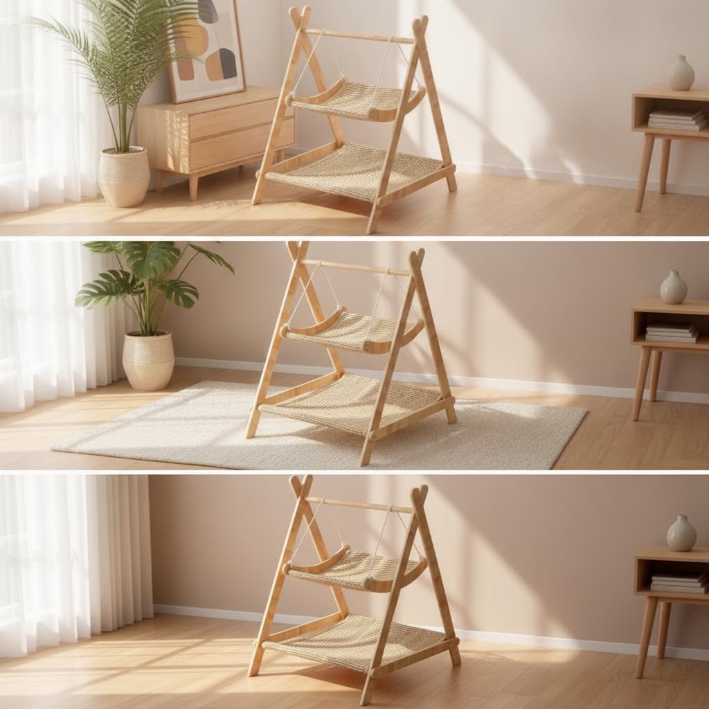 Amaca Gatto in Legno Sisal e Cuccia, Tiragraffi per Gatti Adulti, per il riposo, Amaca per gatti in legno, design a dondolo, doppio strato con superficie in sisal