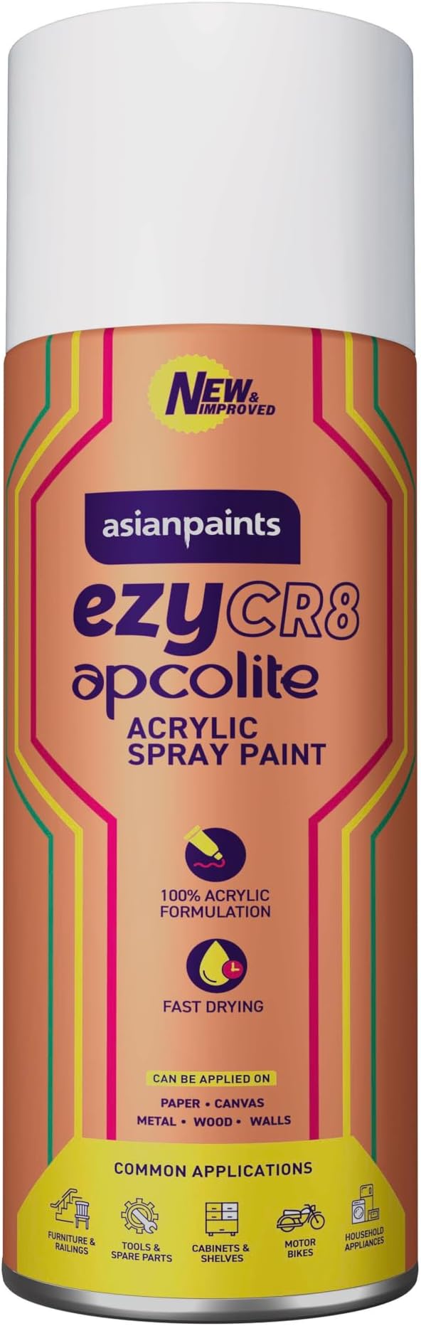Asian Paints ezyCR8 Apcolite DIY Spray Paint – White, 400ml, 100% Acrylic | Multi-Surface Use: Metal, Wood & Walls