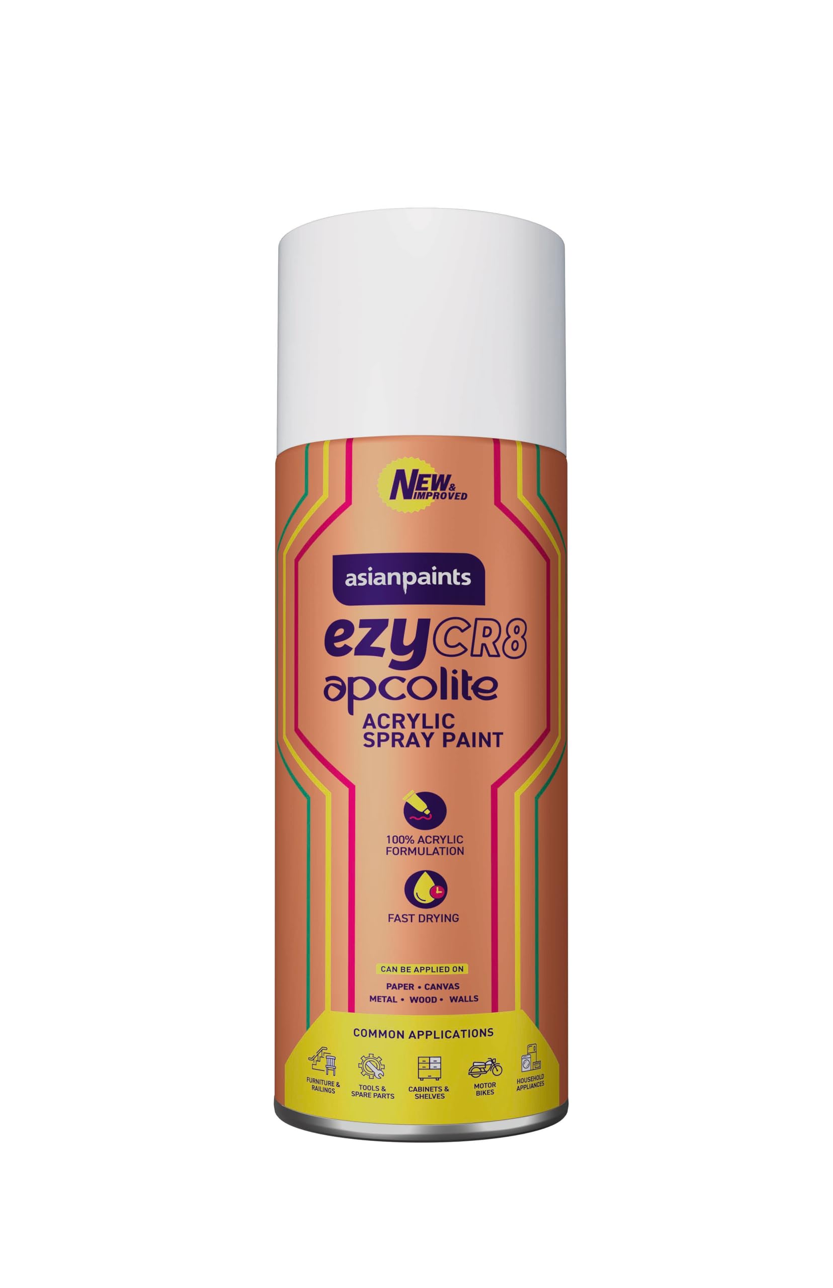 Asian Paints ezyCR8 Apcolite DIY Spray Paint – White, 400ml, 100% Acrylic | Multi-Surface Use: Metal, Wood & Walls