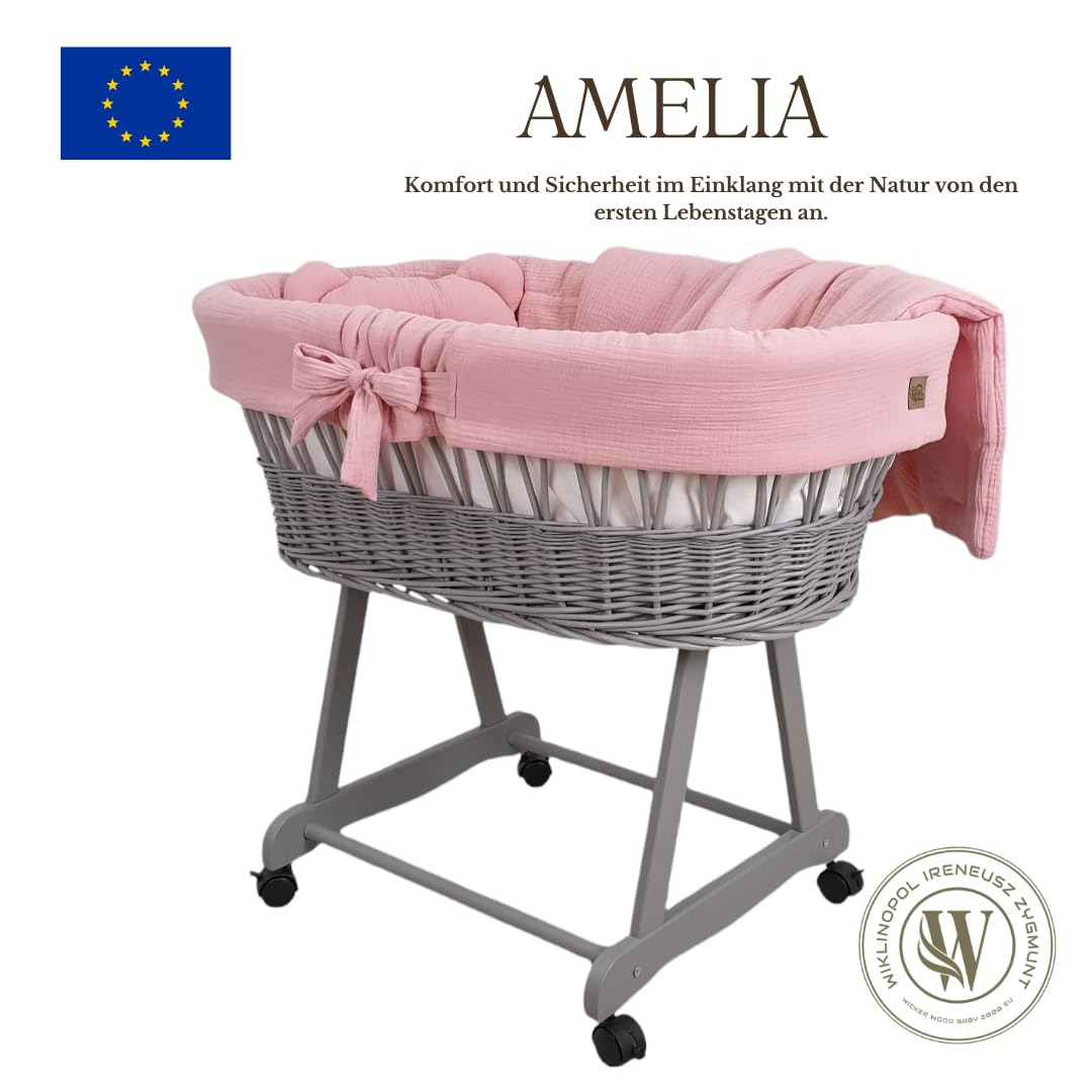Wiklinopol Stubenwagen aus Weide mit Gestell & Matratze Amelia – Moseskorb in Grau – Set Musselin-Bettwäsche in Rosa – Weidenkorb, Tragbar, Ideal für Neugeborene