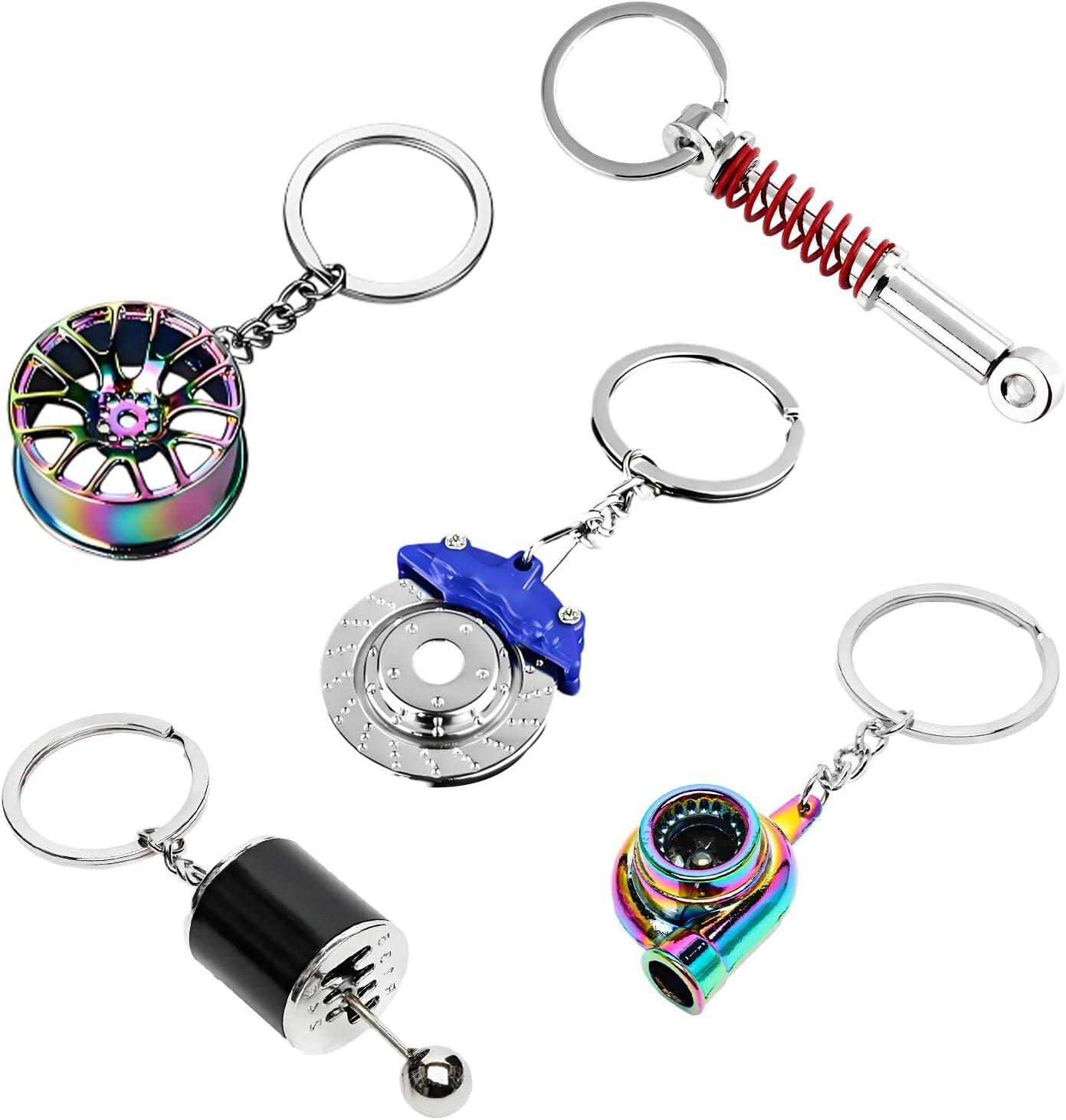 KVAEY 5 PCS Car Parts Model Key Chains, Metal Turbo Keychain Set, Trendy Shock-Absorbent Car Parts Key Chain for Men Women (Blue+Black)