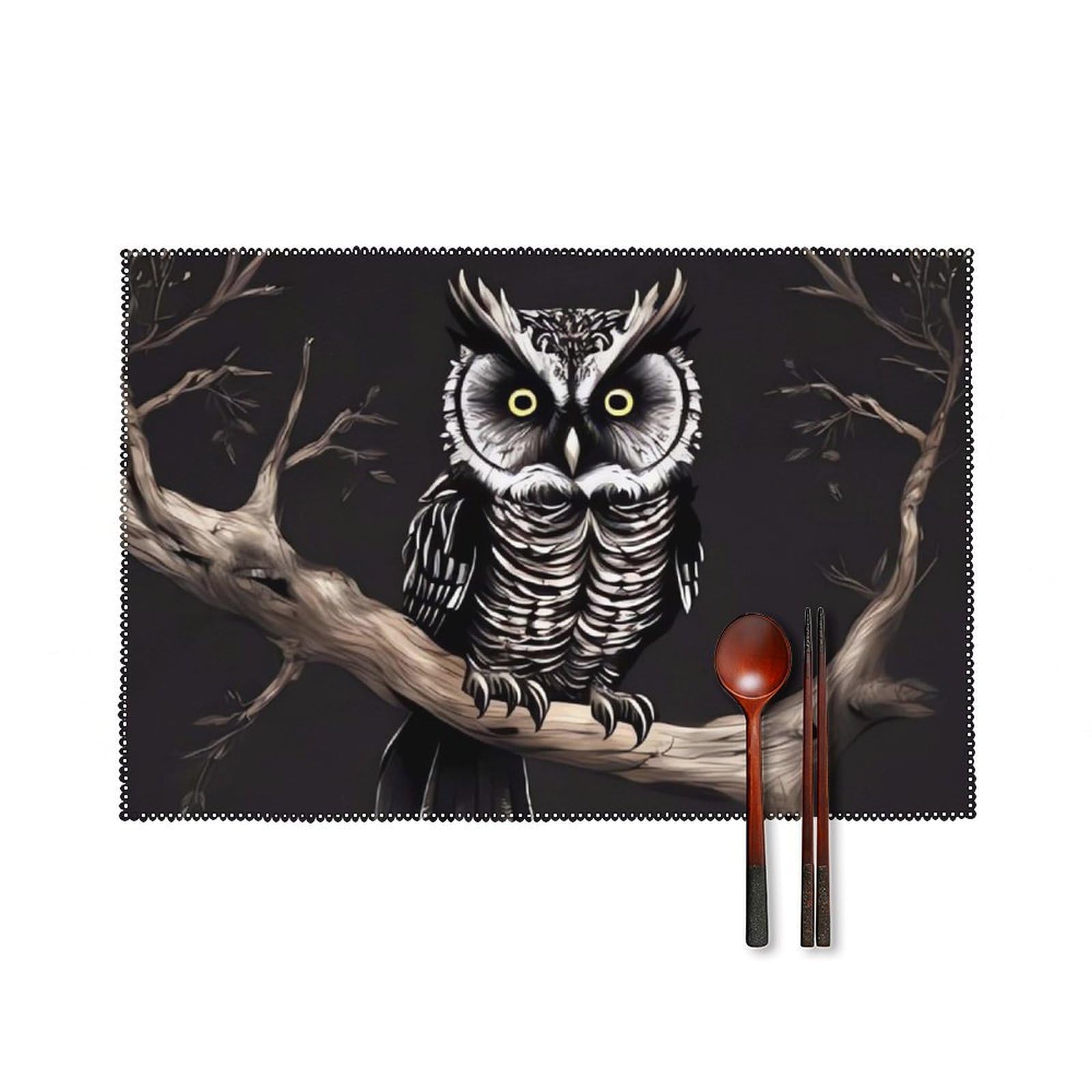 Late Night Owl Placemats Set of 6, 12x18 Inch Heat Resistant Washable Canvas Table Mats, Stain Resistant Decorative Dining Placemats for Kitchen, Restaurant, Outdoor Party