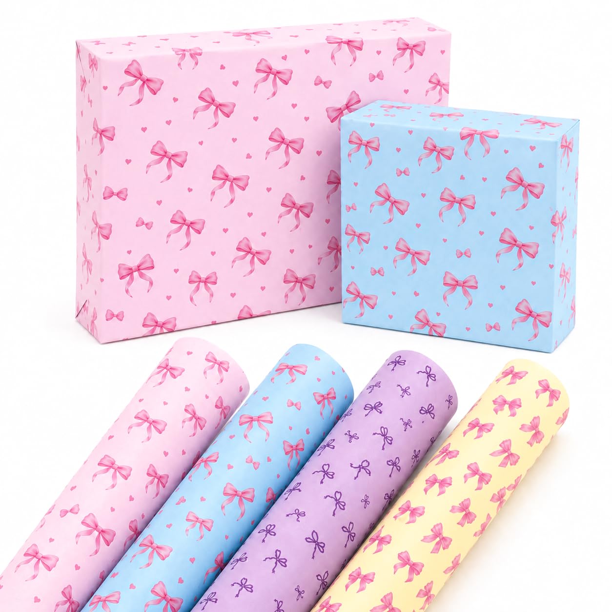 12 pcs Bow Wrapping Paper, 4 Color Birthday Wrapping Paper, Gift Wrap for Girls' Party, Valentine’s Day, Baby Shower