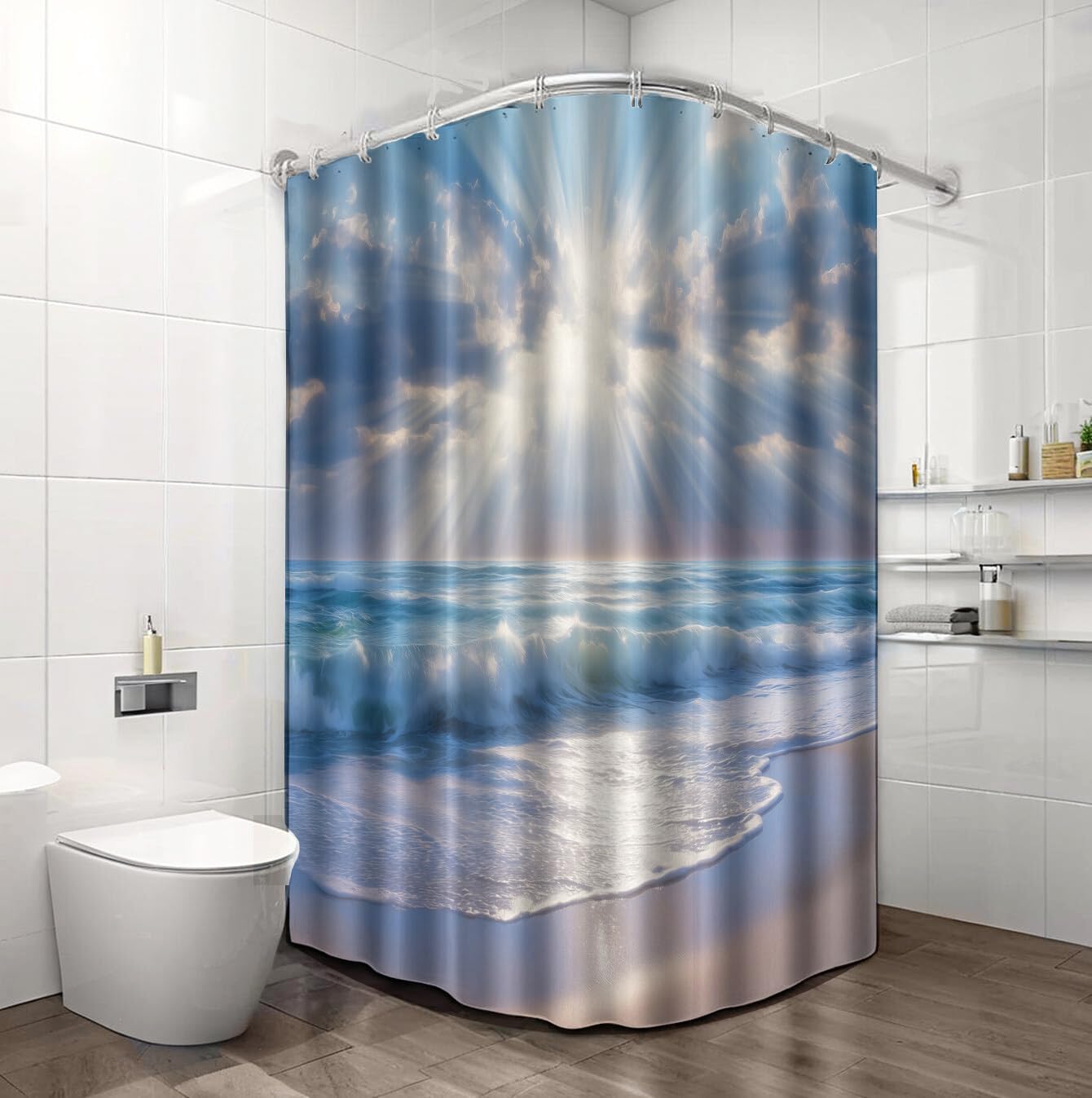 Rideau Douche,Rideau Baignoire Lavable en Machine Rideaux Douche Tissus Lavable Rideau De Baignoire Lavable pour Salle De Bain Domicile Baignoire Famille,Plage Ensoleillée,