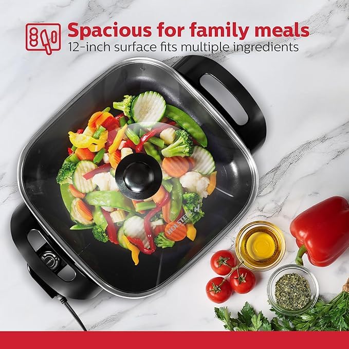 Image of Extra Deep Electric Skillet with Glass Lid, Square Design with Non-Stick Surface & Cool-Touch Handles, Large Non-stick Frying Pan & Multi-Cooker, Adjustable Temperature Control, Red