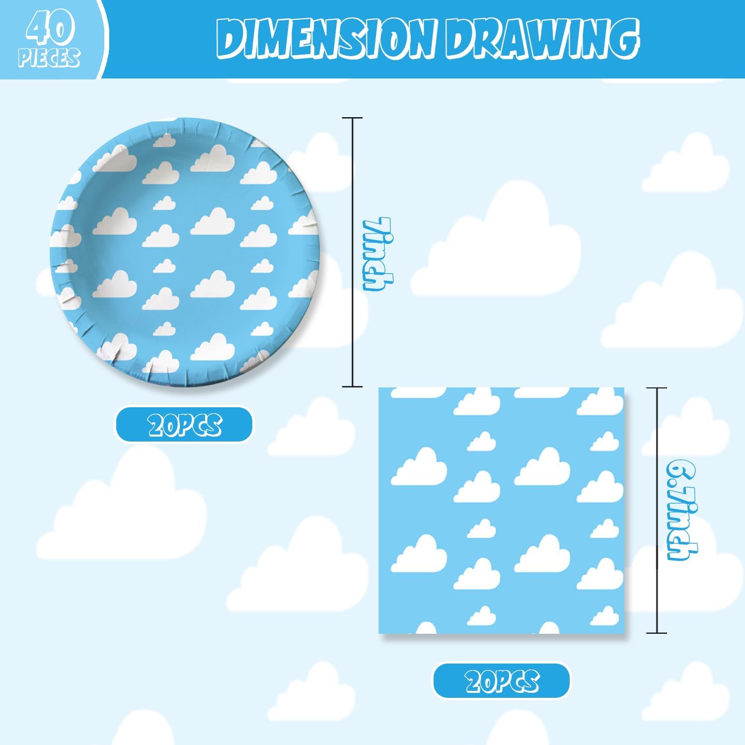 40Pcs Blue Sky White Clouds Birthday Party Decorations Cartoon Story Tableware Set Disposable Cloud Birthday Plates and Napkins Sets Party Supplies Blue Sky White Clouds Baby Shower Party Decorations - Image 2