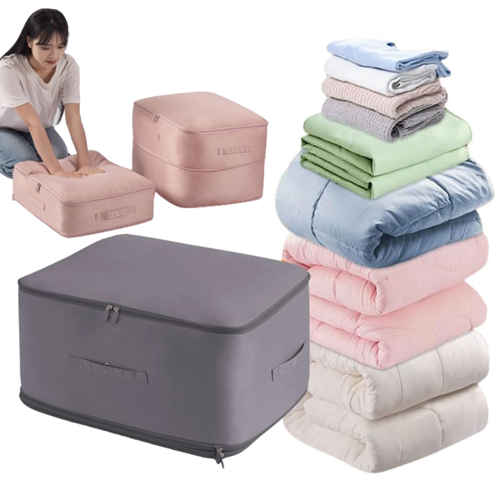 Ultra Space Saving Self Compression Organizer, Heavy Duty Moving Bags, Storage Tote for Space Saving, Self Compression Moving Organizer Bags for Comforters, Blankets, Clothes (Gray, XL(21*16*23CM))