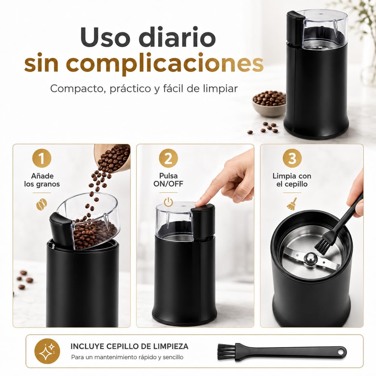 Molinillo de Café Eléctrico 160 W, 50-60 g, Acero Inoxidable (NEGRO)