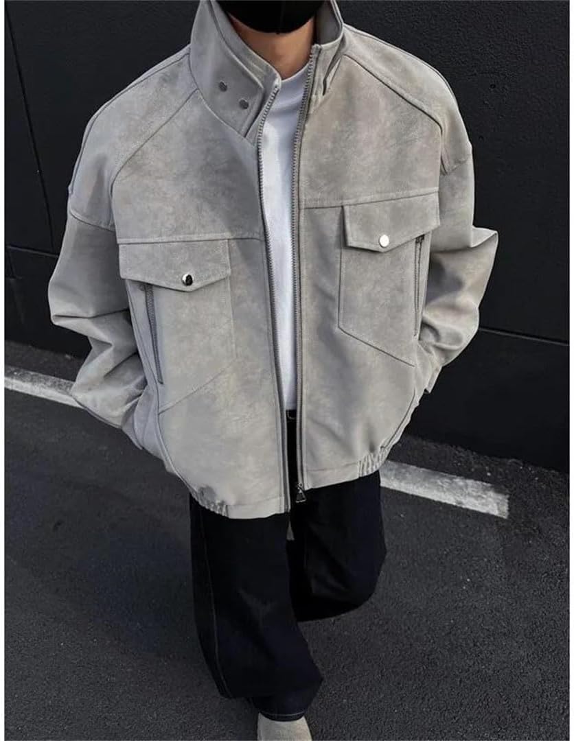 Men Motorcycle Jacket Stand Collar Patchwork Biker Coat Casual Riding Jacket