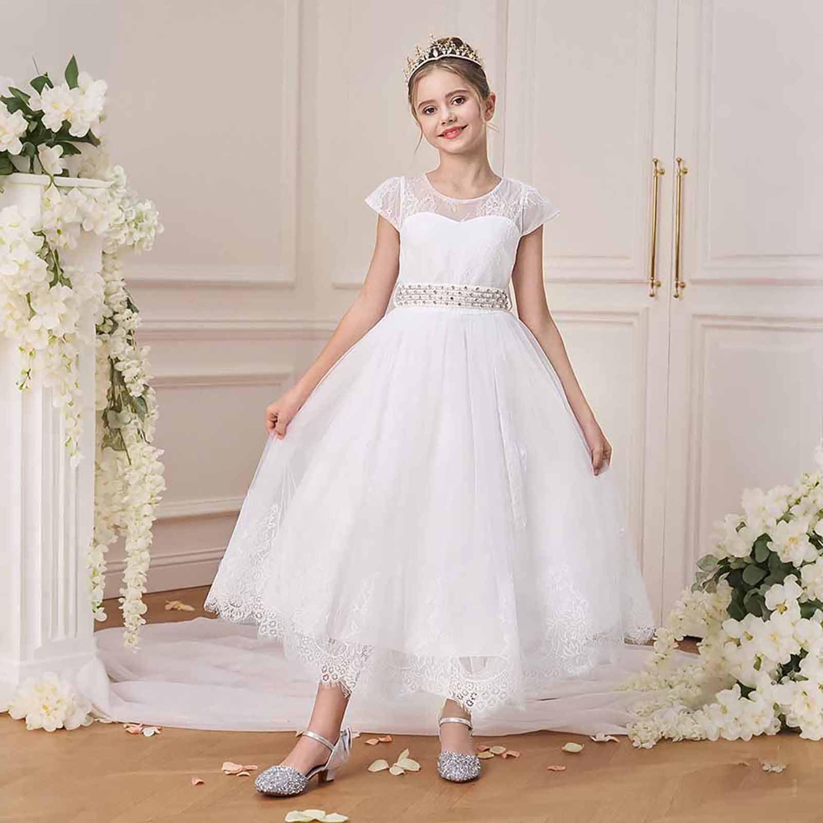 Prima Comunione Bambina 4-14 Anni in Misto Cotone con Maniche Corte e Gonna in Tulle Vestito Cerimonia Elegante Comunione Vestiti Abito Damigella Vestito Principessa per Festa, Spettacoli,