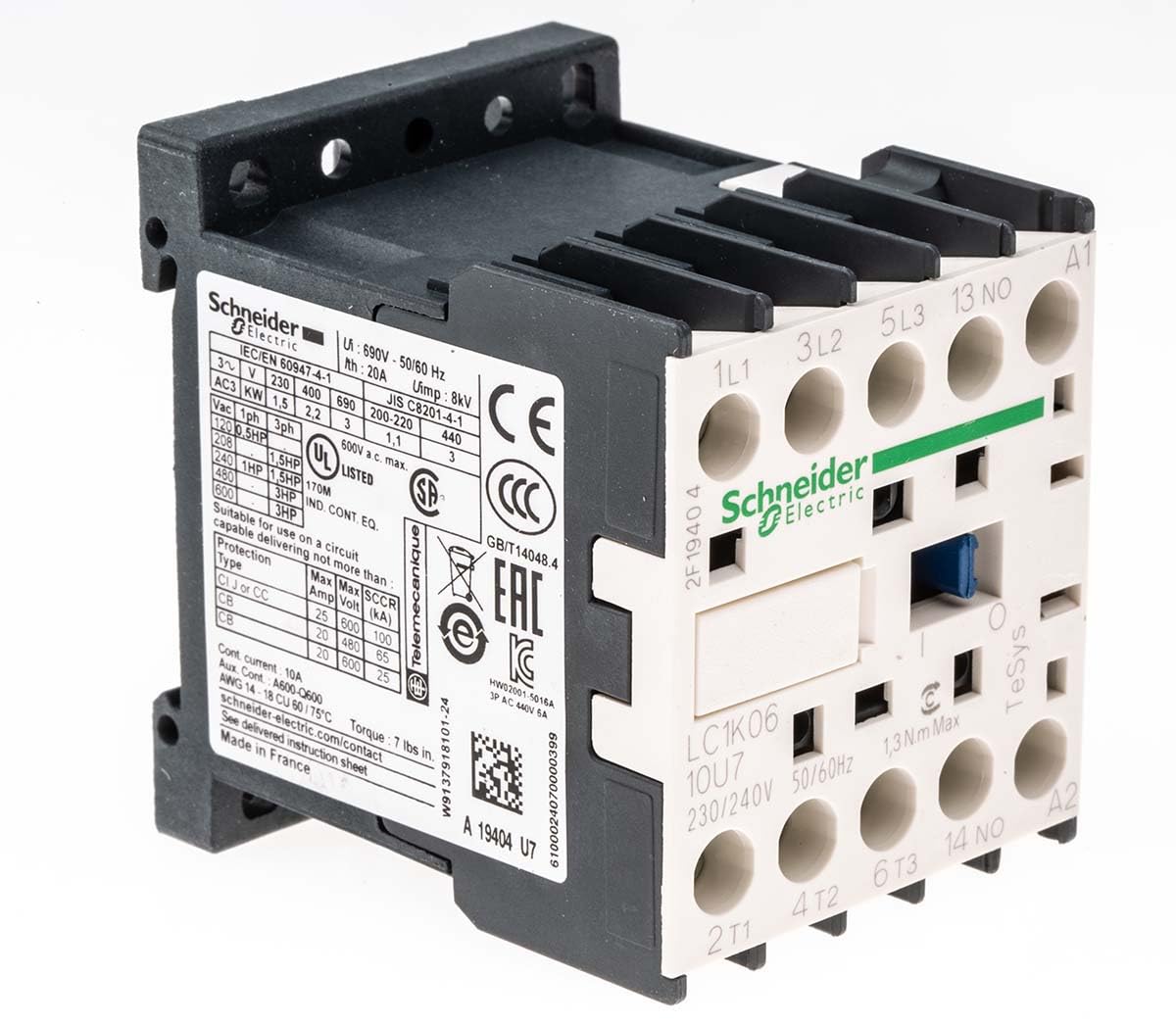 Schneider Electric TeSys K LC1K 3 Pole Contactor - 6 A, 230 V ac Coil, 3NO, 2.2 kW