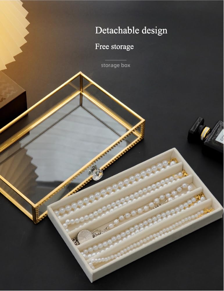 Scatola organizer per collane con coperchio trasparente, in velluto, antipolvere, impilabile, con ciondoli in acrilico, per catenine e cassetti (beige, vetro, 3 ripiani)