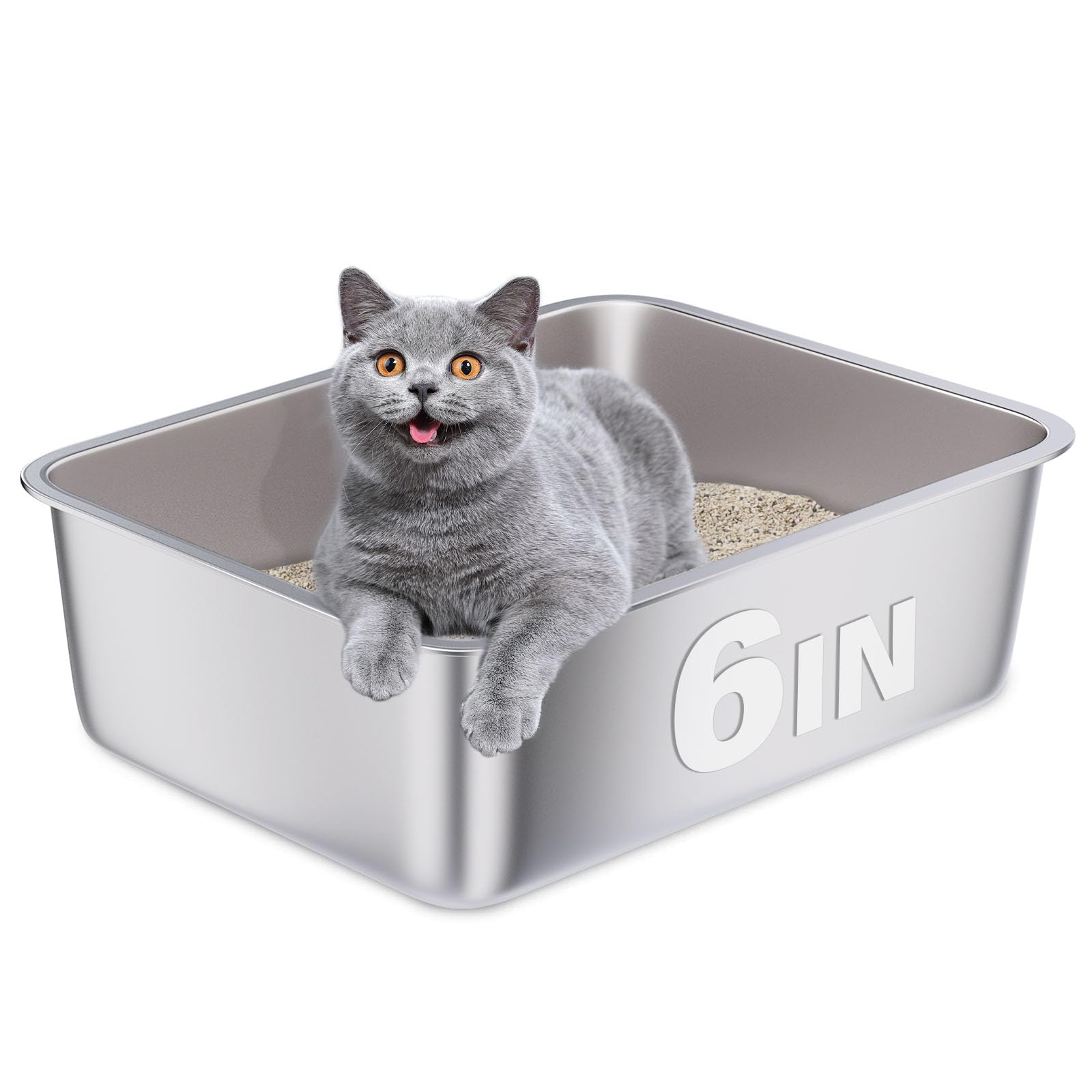 EGMEHOAD Stainless Steel Litter Box, Metal Litter Box, Cat Litterbox for Kitten, Kitty, Rabbit, 6" High Side Cats Litter Boxes, Cat LitterBox, No