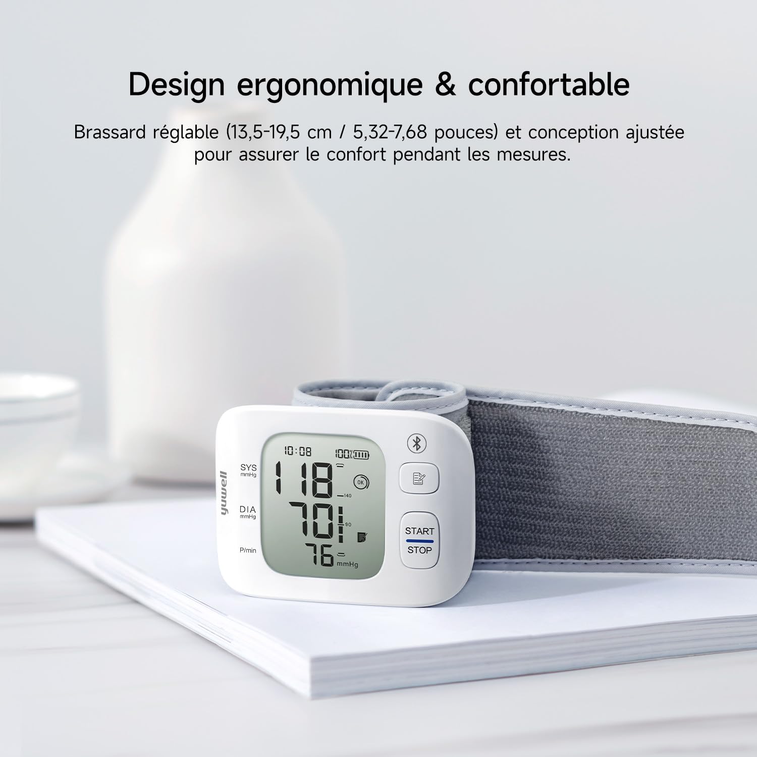 yuwell Tensiomètre au Poignet Intelligent pour un Usage Domestique ou en Déplacement, Tensiomètre avec Brassard Préformé 13,5 – 19,5 cm, avec Battement Cardiaque Irrégulier(YE8800AR)