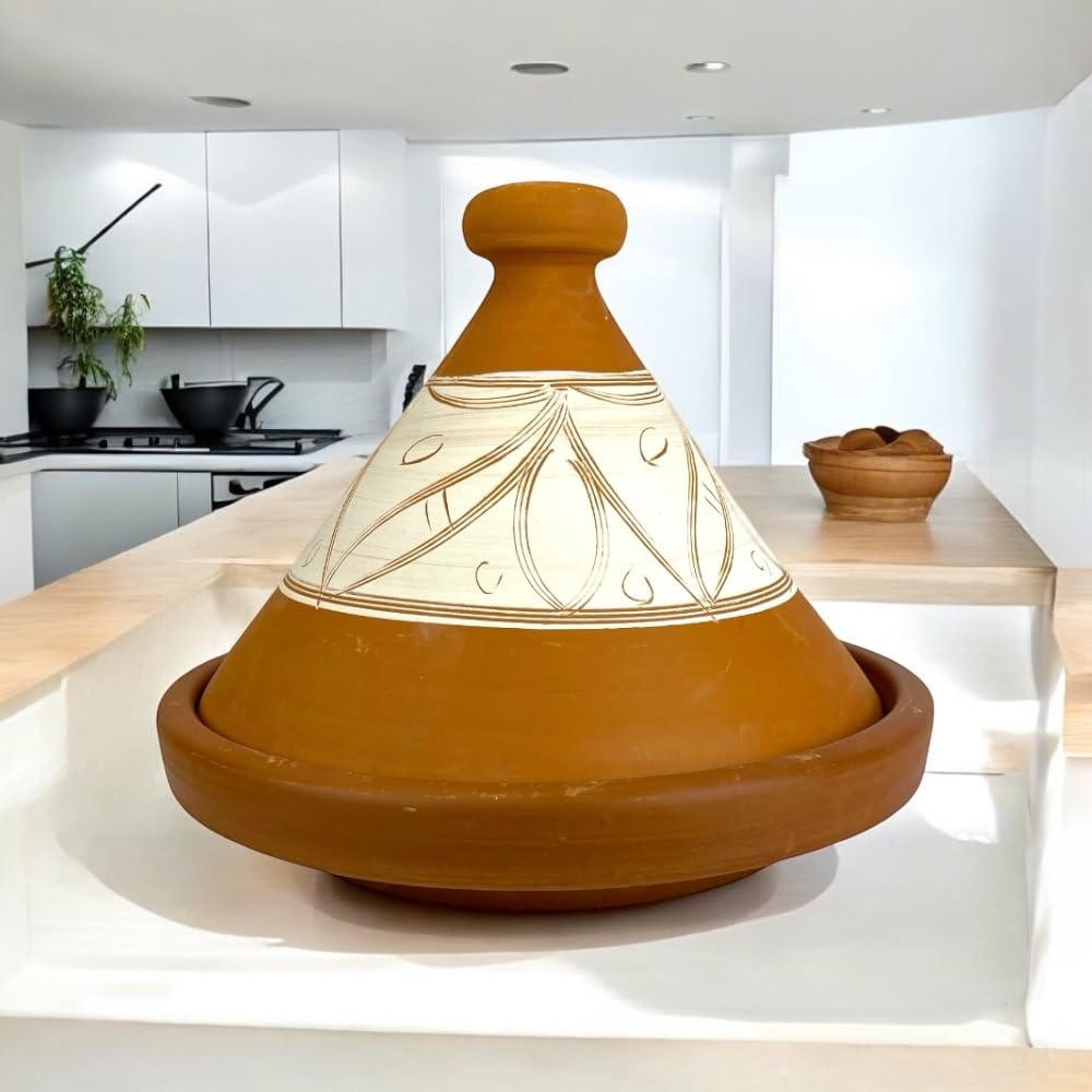 Tajine Marocchina in Terracotta, diametro 37x28h cm, Decorato a Mano, Naturale Non Smaltato, per 6-8 Persone