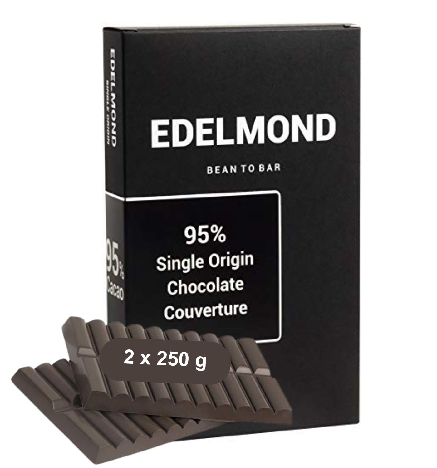 Edelmond Edelbitter Kuvertüre - 95% Hochprozentig in Kakao fürs Gourmet Kochen. Ohne Emulgator ohne Alkalisierung. Vegan Bio - 2x 250g
