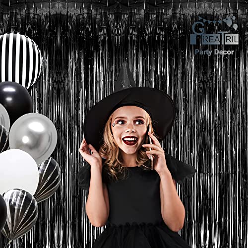 Image of Black Tinsel Backdrop Curtain - GREATRIL Tinsel Curtain Party Backdrop Streamers for Wizard Birthdays /Stranger Theme /Doorway /Halloween Decorations Party - 2 Packs