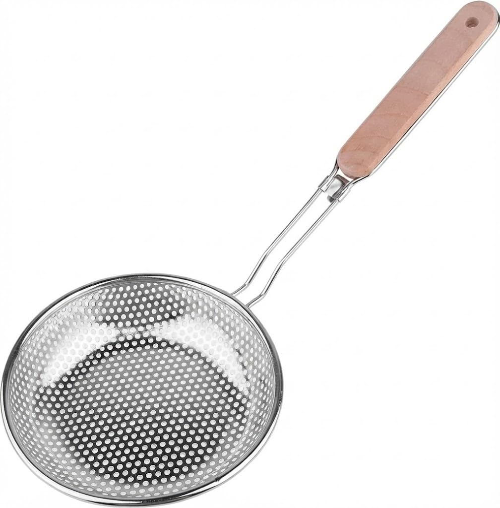 Orret Home Ahşap Saplı Uzun Kulplu Çelik Kevgir – Paslanmaz Metal Süzgeç, Derin Gövdeli, Ergonomik T